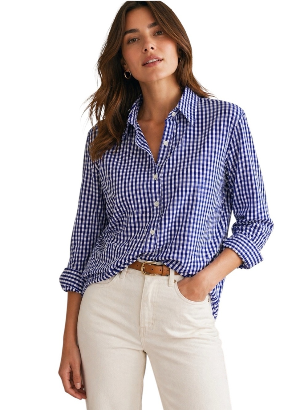 BENETTON GINGHAM PLAID BLUE AND WHITE BUTTON UP SHIRT